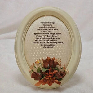 Vtg Oval Wooden Frame Fabric Floral Wall Decoration Friendship Recipe Poem 1987